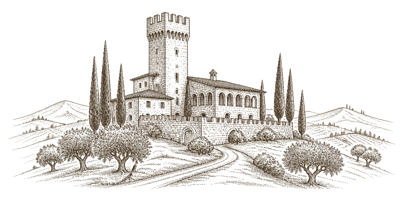 Line illustration of a Tuscan castle on a hill